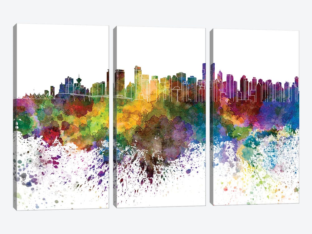Vancouver Skyline In Watercolor by Paul Rommer 3-piece Canvas Artwork