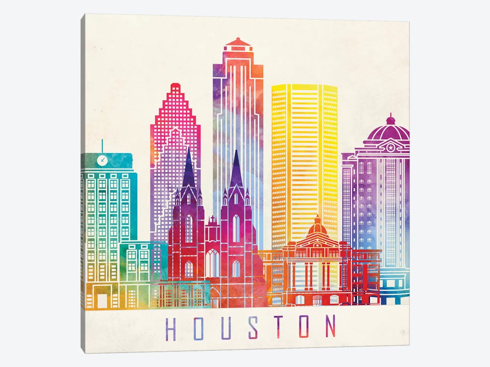Houston Landmarks Watercolor Poster Horizontal by Paul Rommer 1-piece Canvas Art Print