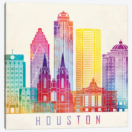 Houston Landmarks Watercolor Poster Horizontal Canvas Print #PUR351} by Paul Rommer Canvas Wall Art