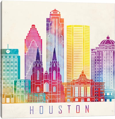 Houston Landmarks Watercolor Poster Horizontal Canvas Art Print