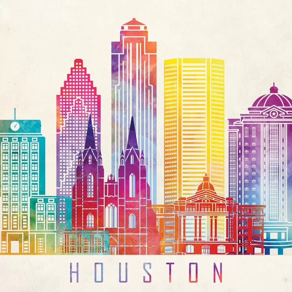 Paul Rommer: Houston Landmarks Watercolor Poster Horizontal by Paul Rommer