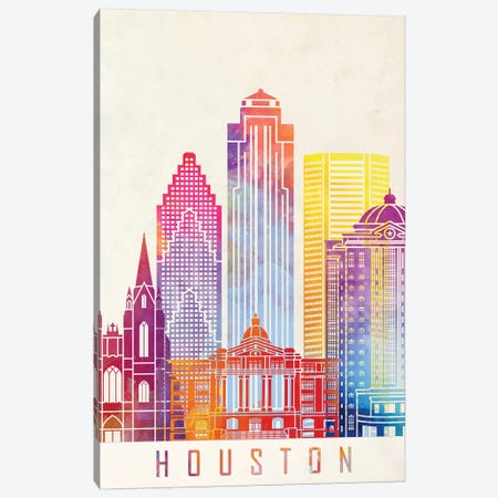 Houston Landmarks Watercolor Poster Vertical Canvas Print #PUR352} by Paul Rommer Canvas Wall Art