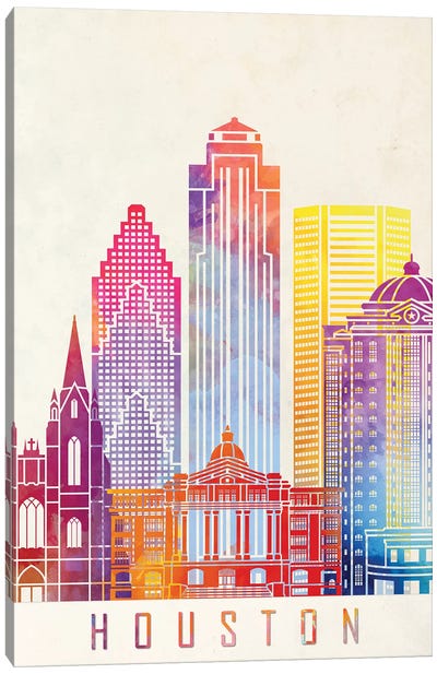 Houston Landmarks Watercolor Poster Vertical Canvas Art Print - Houston Skylines