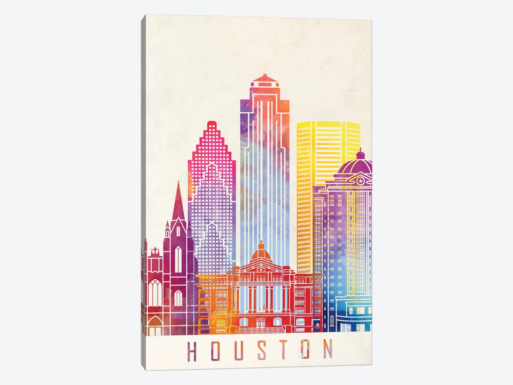 Houston Landmarks Watercolor Poster Vertical by Paul Rommer 1-piece Canvas Artwork