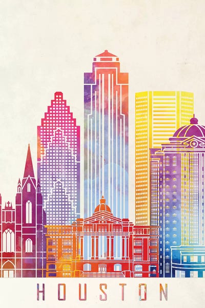 Houston Skylines: Houston Landmarks Watercolor Poster Vertical by Paul Rommer