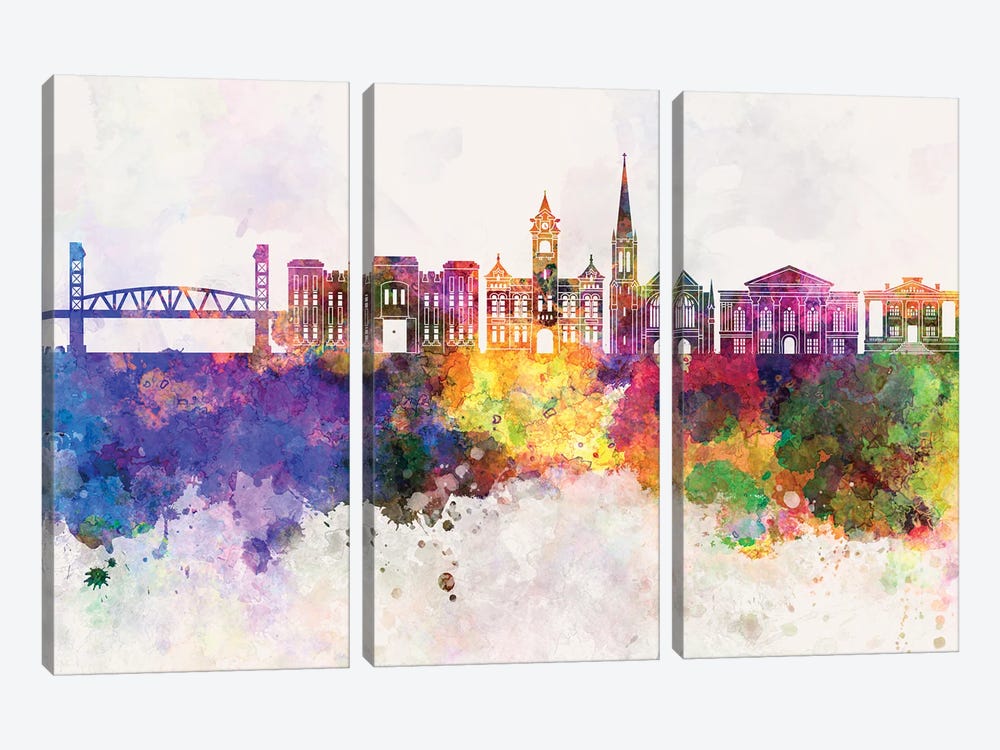 Wilmington NC Skyline Watercolor Background by Paul Rommer 3-piece Canvas Art Print