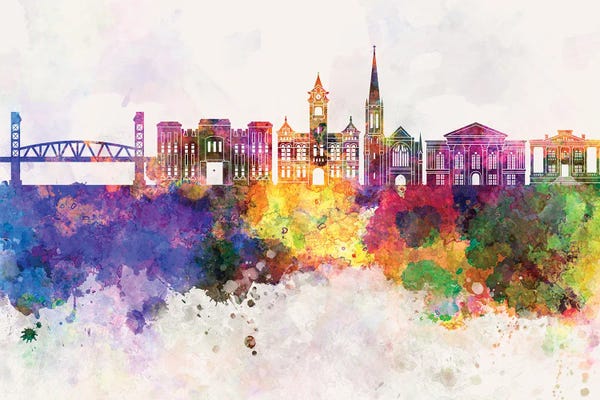Paul Rommer: Wilmington NC Skyline Watercolor Background by Paul Rommer