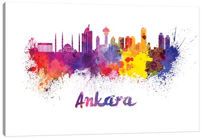 Ankara Skyline In Watercolor Canvas Art Print - Turkey Art