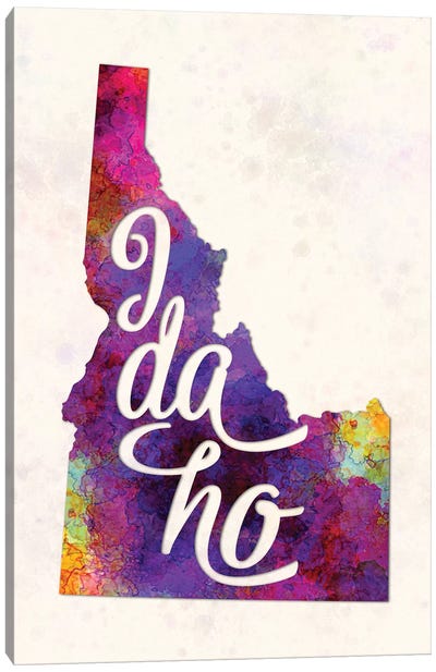 Idaho US State In Watercolor Text Cut Out Canvas Art Print - Idaho Art