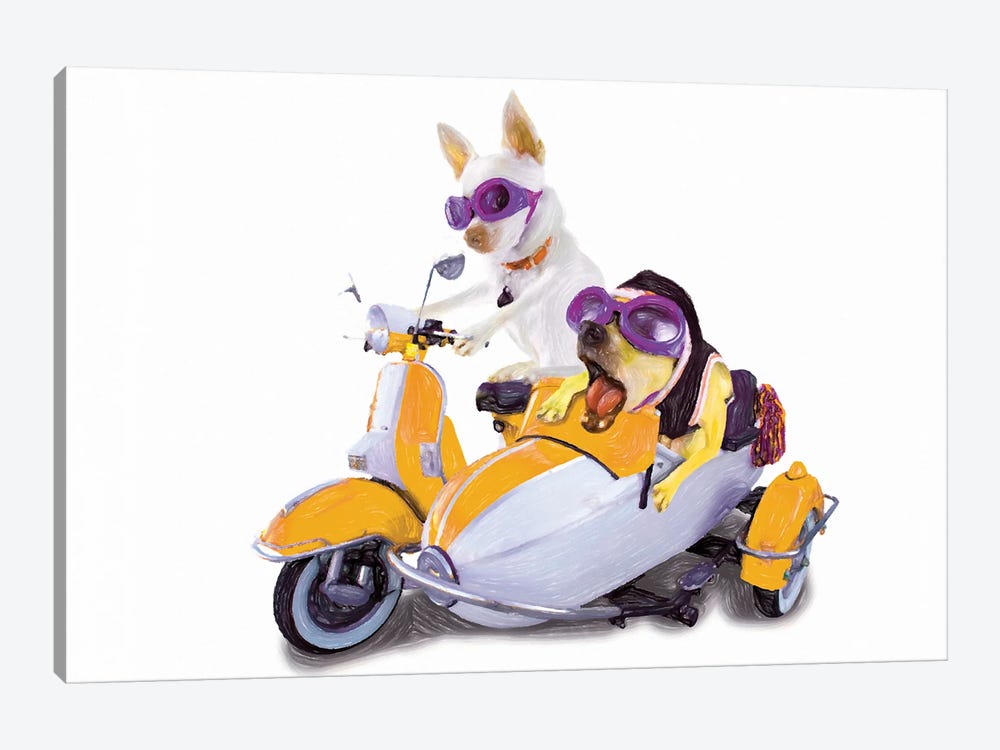 Dogs In Sidecar Watercolor 1-piece Canvas Print