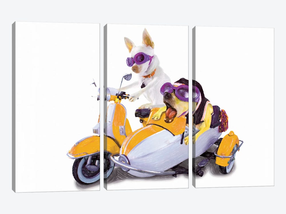 Dogs In Sidecar Watercolor by Paul Rommer 3-piece Canvas Print