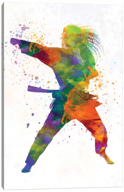 Young Man Practices Karate In Watercolor Canvas Art Print - Gym Art
