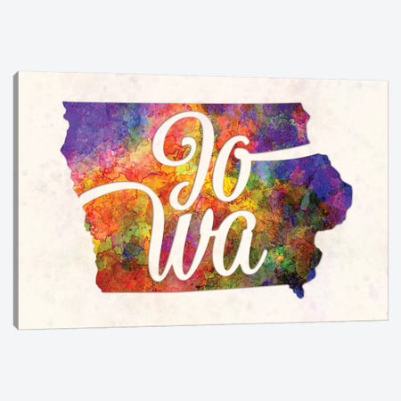 Iowa US State In Watercolor Text Cut Out Canvas Print #PUR365} by Paul Rommer Canvas Artwork