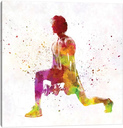 Young Man Practices Fitness In Watercolor XIX Canvas Art Print - Large Colorful Accents