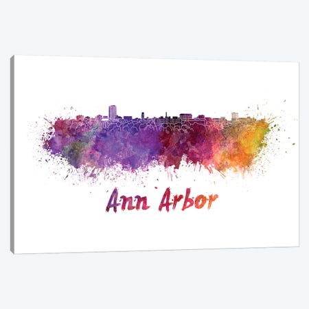 Ann Arbor Skyline In Watercolor Canvas Print #PUR36} by Paul Rommer Canvas Wall Art