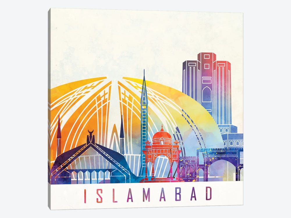 Islamabad Landmarks Watercolor Poster by Paul Rommer 1-piece Canvas Artwork