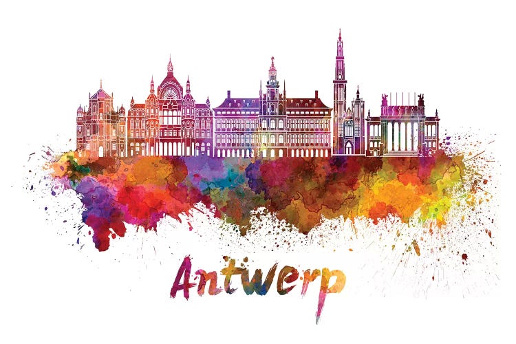 Antwerp Skyline In Watercolor