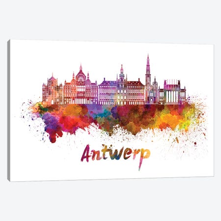 Antwerp Skyline In Watercolor Canvas Print #PUR37} by Paul Rommer Canvas Wall Art