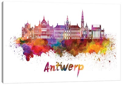 Antwerp Skyline In Watercolor Canvas Art Print - Belgium