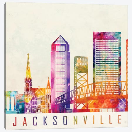 Jacksonville Landmarks Watercolor Poster Canvas Print #PUR382} by Paul Rommer Art Print