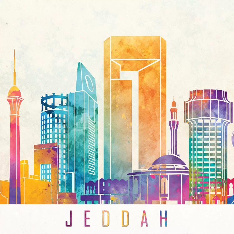 Jeddah Landmarks Watercolor Poster by Paul Rommer wall art