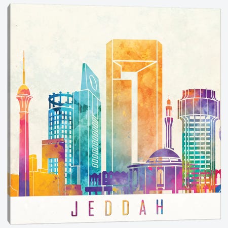 Jeddah Landmarks Watercolor Poster Canvas Print #PUR387} by Paul Rommer Canvas Art