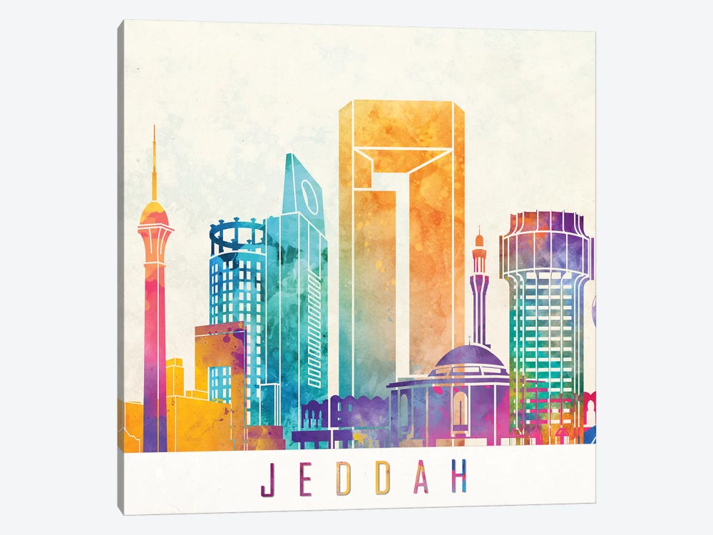 Jeddah Landmarks Watercolor Poster by Paul Rommer 1-piece Canvas Artwork