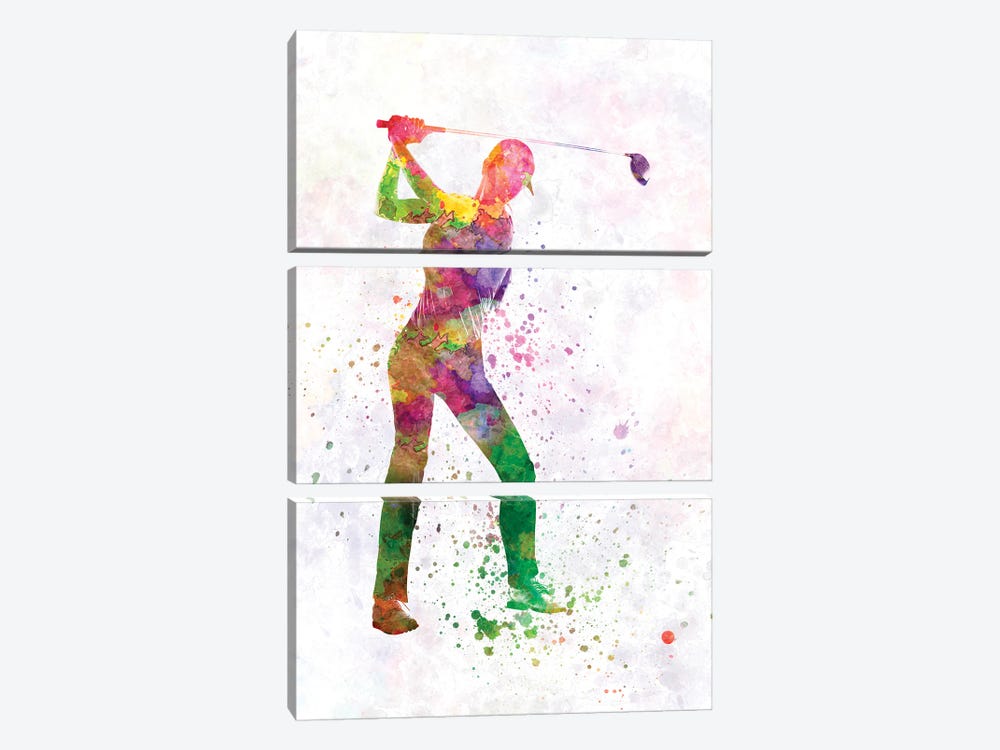 Female Golf Player In Watercolor IV by Paul Rommer 3-piece Canvas Wall Art