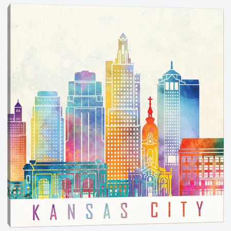 Kansas City Landmarks Watercolor Poster Canvas Print #PUR391} by Paul Rommer Canvas Art