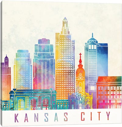 Kansas City Landmarks Watercolor Poster Canvas Art Print - Kansas City Skylines