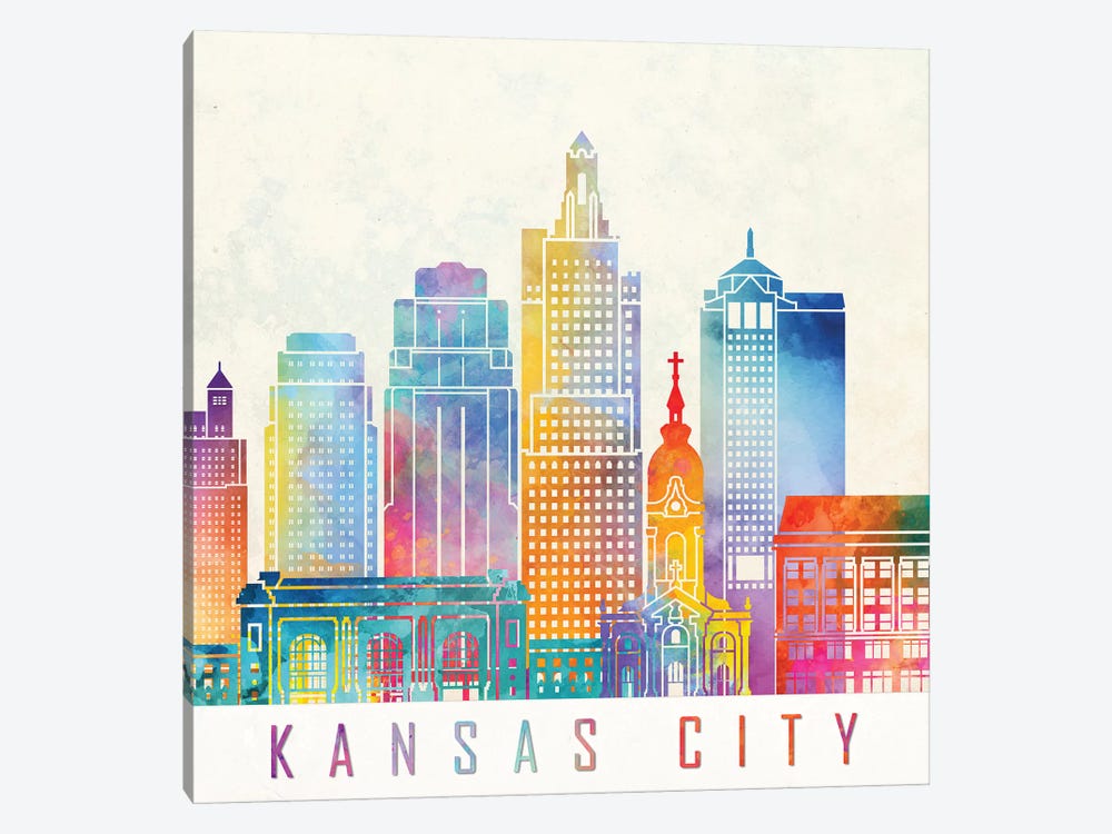 Kansas City Landmarks Watercolor Poster by Paul Rommer 1-piece Canvas Art Print