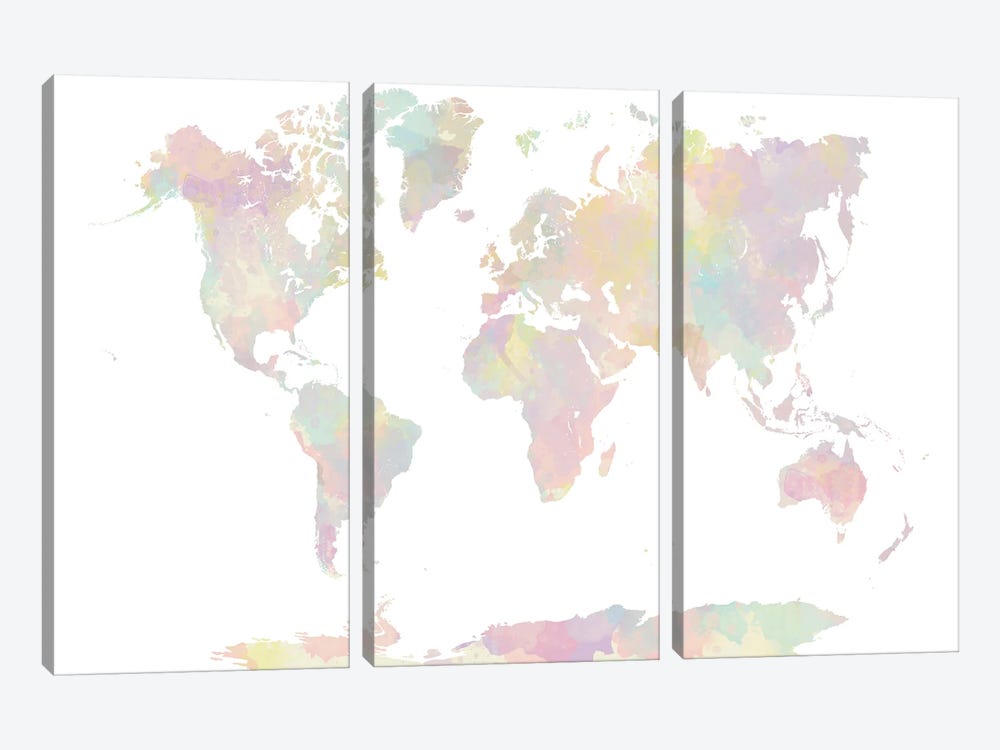 World Map In Pastel Color Watercolor V by Paul Rommer 3-piece Canvas Artwork