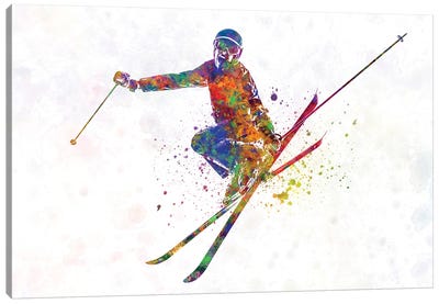 Female Skier In Watercolor Canvas Art Print - Skiing Art
