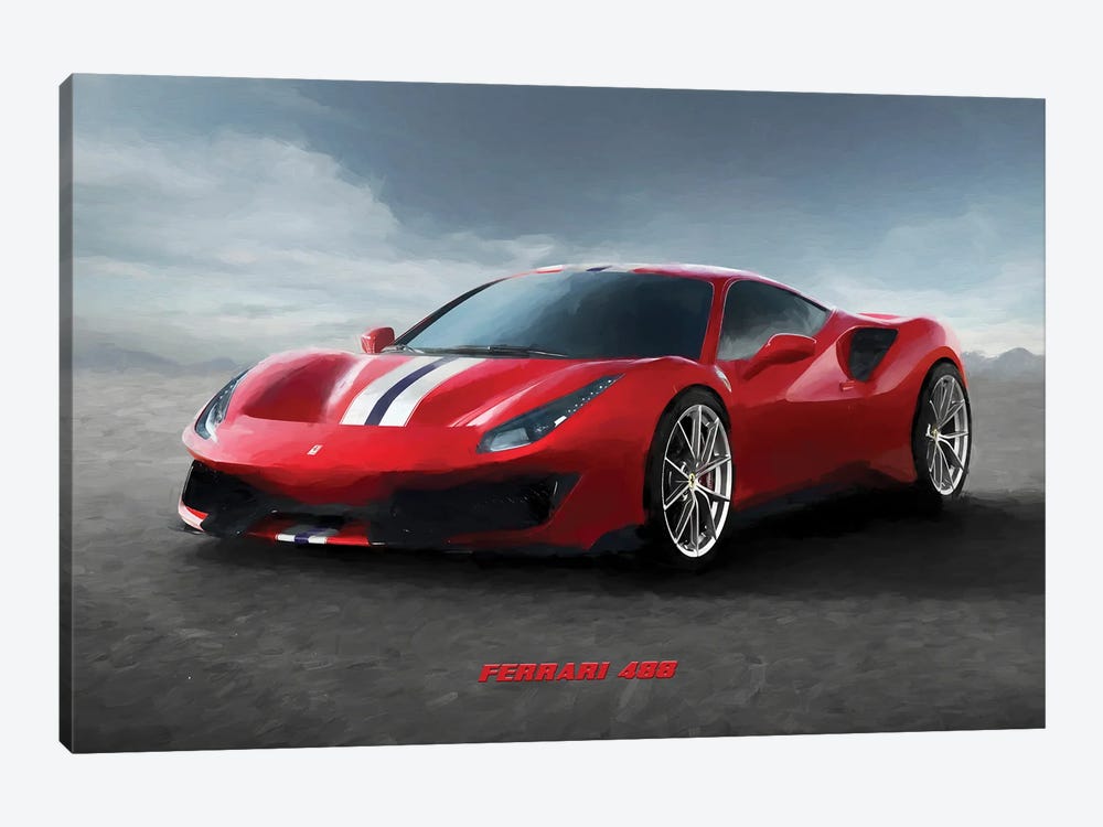 Ferrari 488 V-2 In Watercolor by Paul Rommer 1-piece Canvas Print
