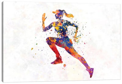 Female Runner In Watercolor Canvas Art Print - Track & Field Art