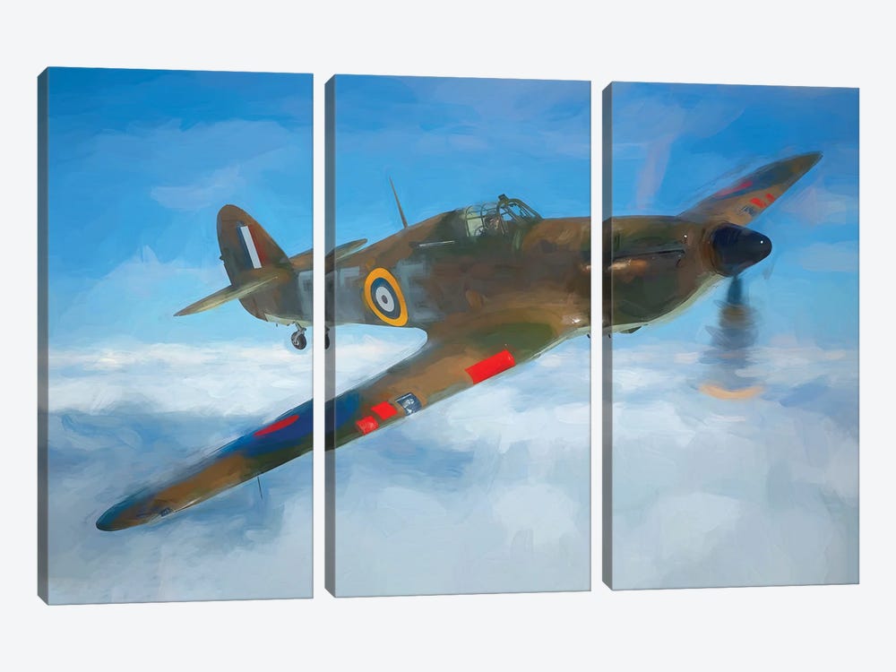 Hurricane MK1 Fighter Jet In Watercolor by Paul Rommer 3-piece Canvas Art Print