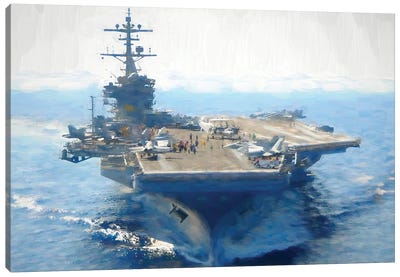 American Aircraft Carrier In Watercolor Canvas Art Print - Military Vehicles