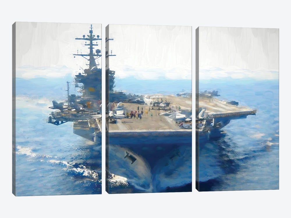 American Aircraft Carrier In Watercolor by Paul Rommer 3-piece Canvas Print