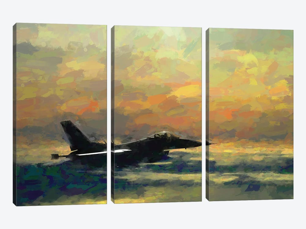 F-16 Fighter Plane In Watercolor by Paul Rommer 3-piece Canvas Art