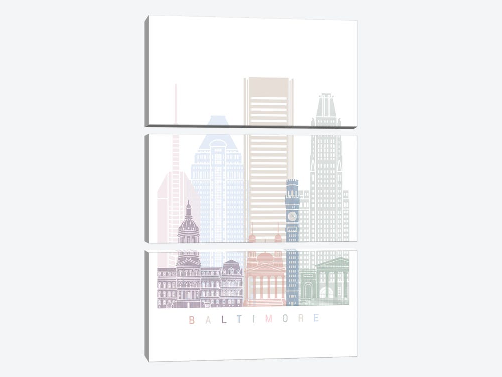 Baltimore Skyline Poster Pastel by Paul Rommer 3-piece Canvas Art Print
