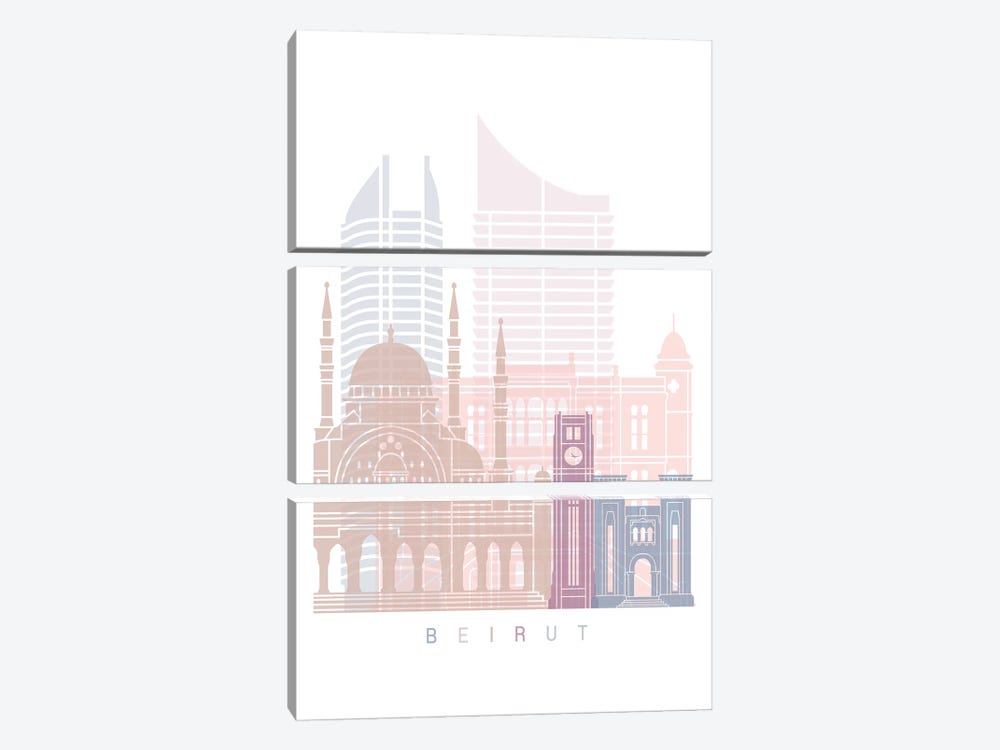 Beirut Skyline Poster Pastel by Paul Rommer 3-piece Canvas Print