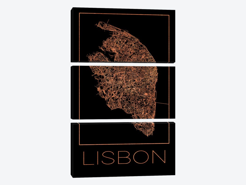 Flat Map Of The City Of Lisbon by Paul Rommer 3-piece Canvas Wall Art