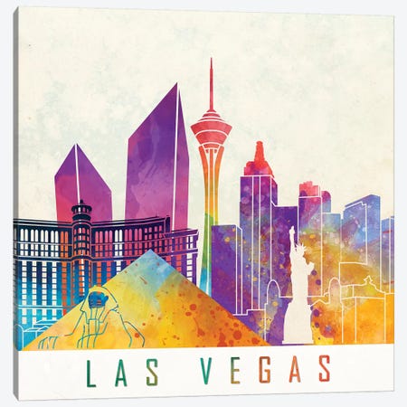 Las Vegas Landmarks Watercolor Poster Canvas Print #PUR417} by Paul Rommer Canvas Artwork