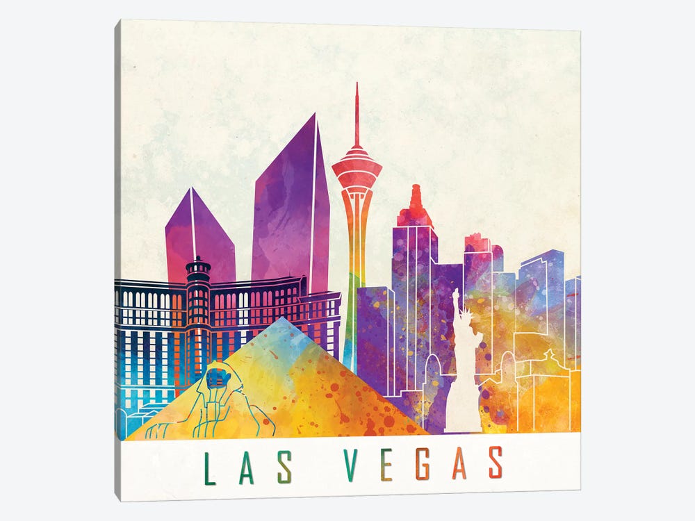 Las Vegas Landmarks Watercolor Poster by Paul Rommer 1-piece Canvas Art