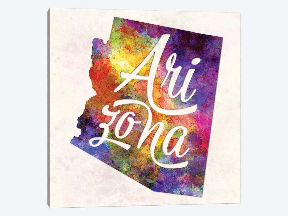 Arizona US State In Watercolor Text Cut Out by Paul Rommer 1-piece Canvas Art Print