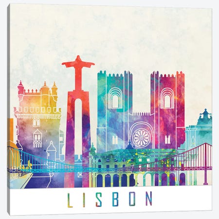 Lisbon Landmarks Watercolor Poster Canvas Print #PUR422} by Paul Rommer Canvas Wall Art