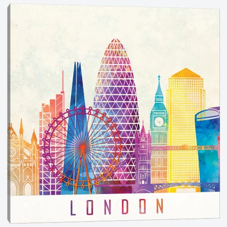 London Landmarks Watercolor Poster Canvas Print #PUR429} by Paul Rommer Canvas Wall Art