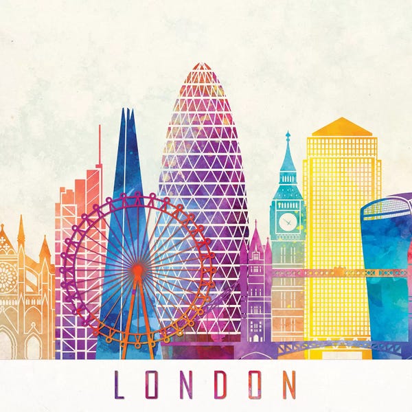 London Skylines: London Landmarks Watercolor Poster by Paul Rommer
