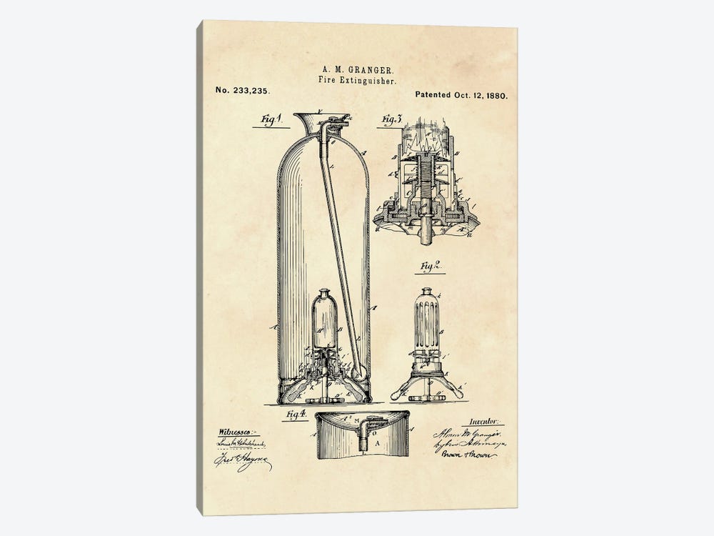 Fire Extinguisher Patent II by Paul Rommer 1-piece Canvas Artwork