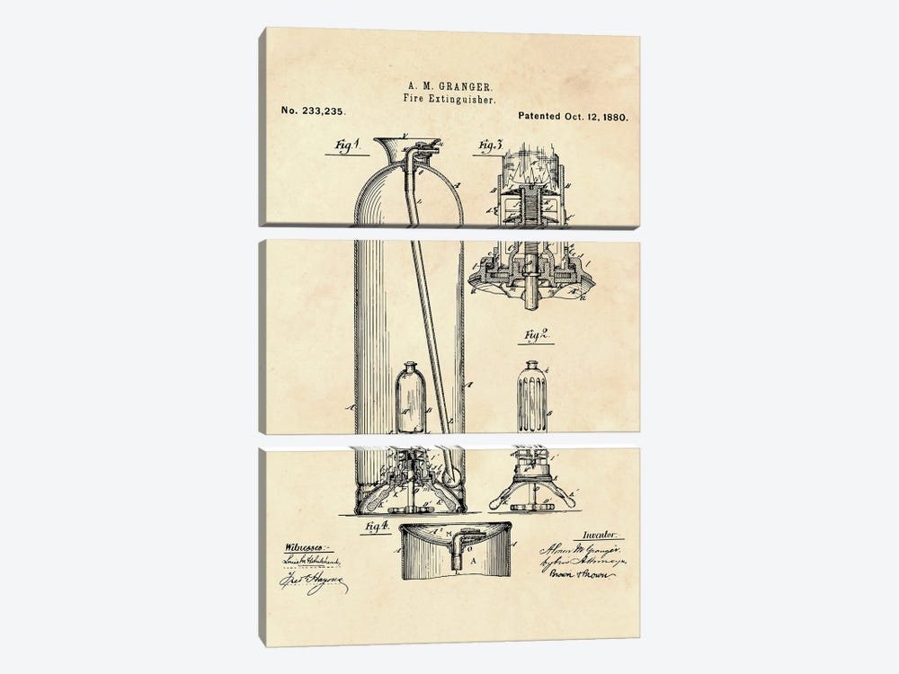 Fire Extinguisher Patent II by Paul Rommer 3-piece Canvas Artwork